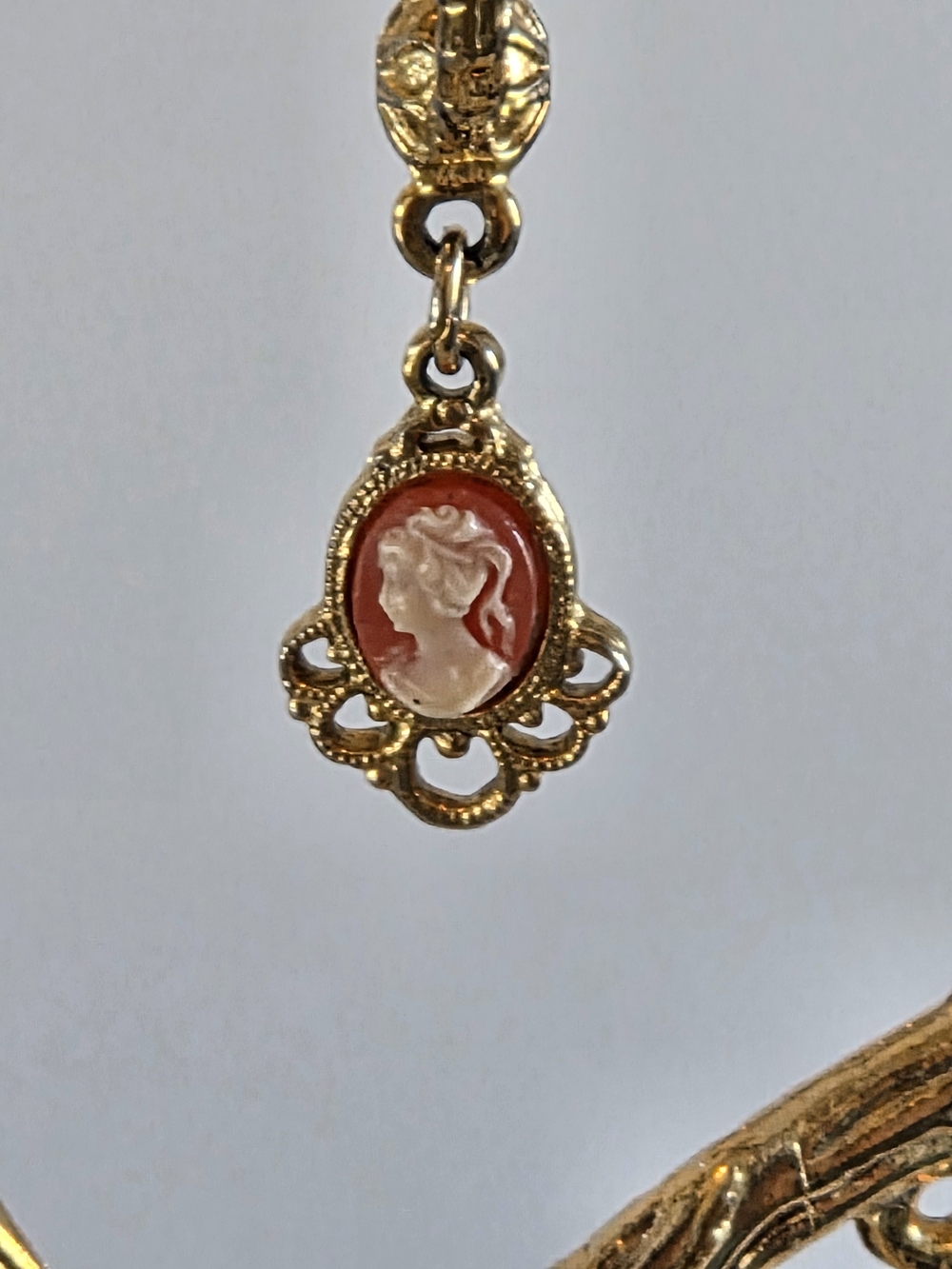 Gold Cameo Drop Earrings - Coral and Cream